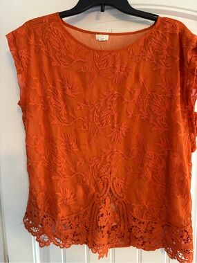 Women's Orange Embroidered Lace-Hem Blouse